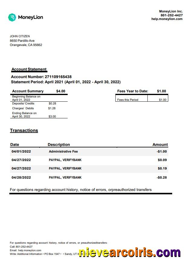 USA California MoneyLion bank statement